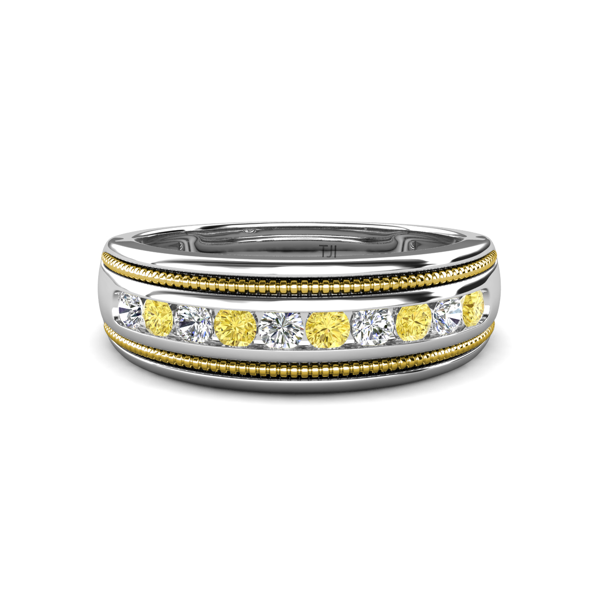 Zaid 0.55 ctw Round Natural Diamond and Yellow Sapphire Two Toned and High Polished Edges Men Wedding Band (8 mm) 